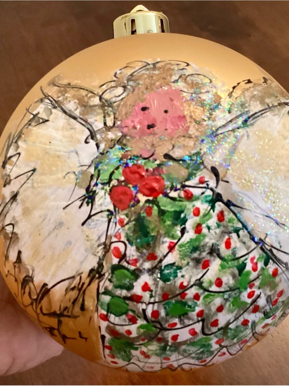 Hand-Painted Angel Ornament in Gold with Green and Red Accents